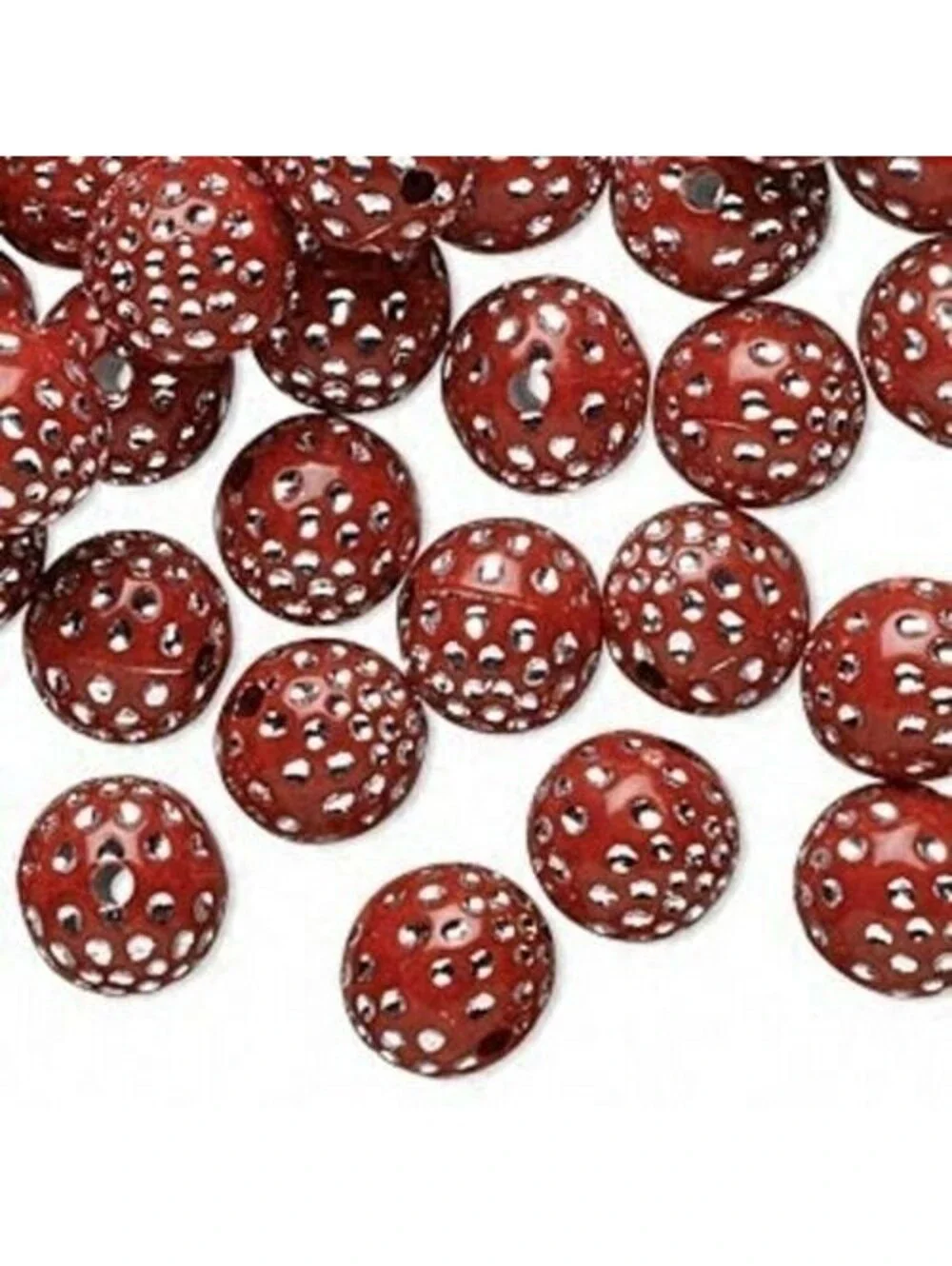20 Fun Retro Red & Silver Polka Dot 10mm Round Beads